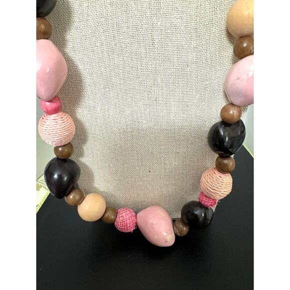 Vintage Handmade Bulky Necklace, Pink, Brown, Tan Large Wood Beads, Nuts - Picture 1 of 10